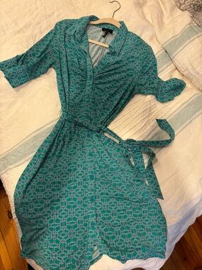 Teal Geometric Shirt Dress with Tie Waist
